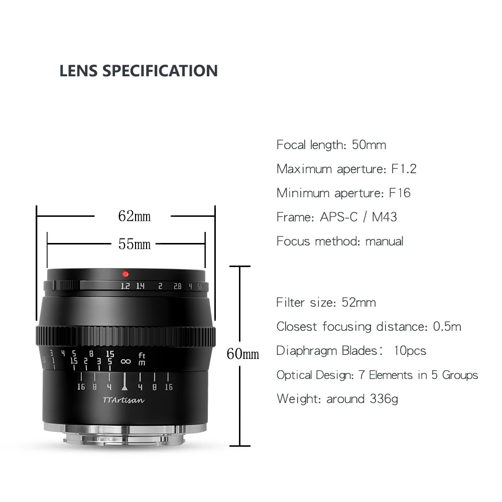 TTArtisan 50mm F1.2 Lens for Sony E Fujifilm M4/3 Canon M M43 Nikon Z Leica L Mount Camera Large Aperture MF APS-C Camera Lens