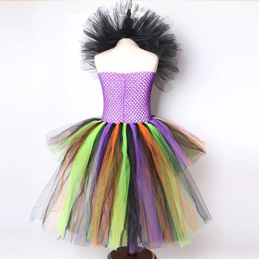 High Low Witch Tutu Dress for Girls Halloween Costumes for Kids Cosplay Party Dresses with Hat Broom Children Trailing Outfits