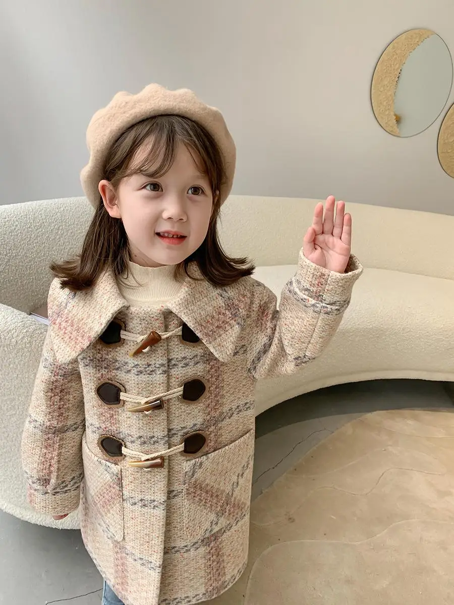 High Quality 2021 New Children's Mid-length Woolen Coat Baby Kids Tweed Jacket Clothes Fall Winter Girls Casual Plaid Outerwear