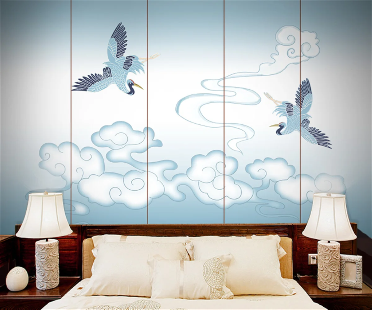 New Chinese style gorgeous auspicious clouds and cranes background wallpaper custom custom sofa living room wall stickers papier