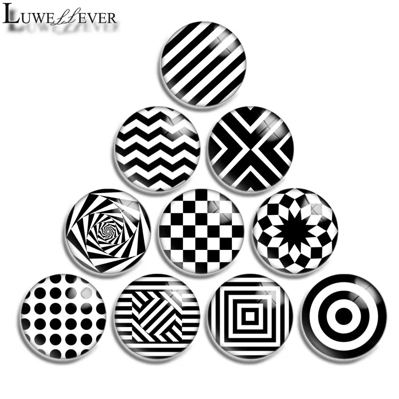 12mm 14mm 16mm 20mm 25mm 30mm 582 Geometric Black Mix Round Glass Cabochon Jewelry Finding 18mm Snap Button Charm Bracelet