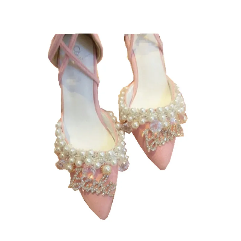 

Powder pointed shallow mouth stiletto sandals fringed tassels Roman shoes sweet and lovely pearl Victoria Kawaii cos Lolita