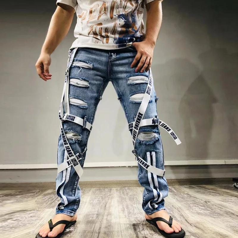 2022 Vibe Style Patch Straps Hole Ripped Punk Men Slim Jeans Trousers Zipper Hip Hop Vintage Pencil Denim Pants Pantalon Homme