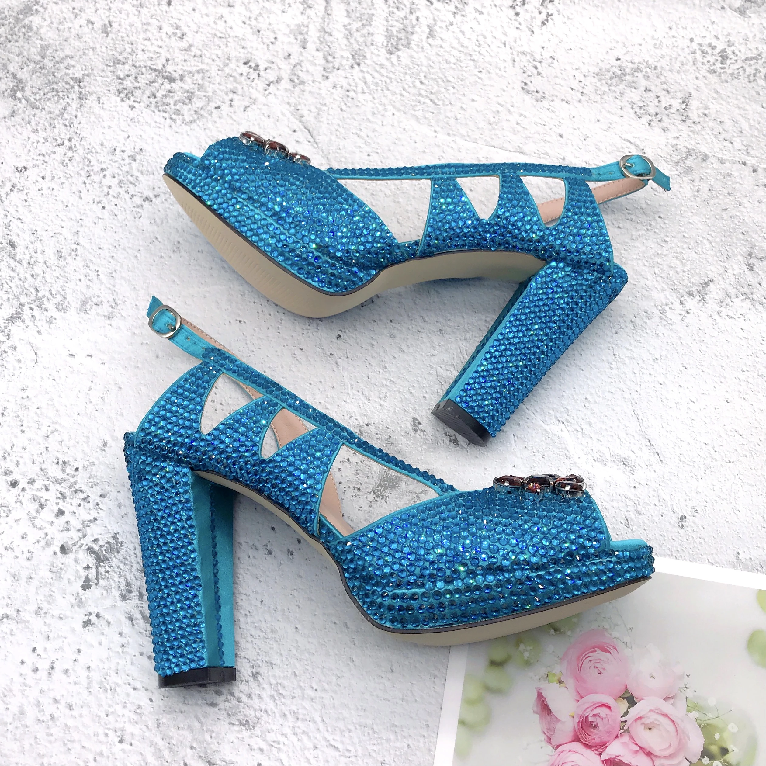 BS1262 Custom Made Women Shoes High Heel Dress Sandals Turquoise Winered Crystal African Women  Shoes With Bag Matching Set