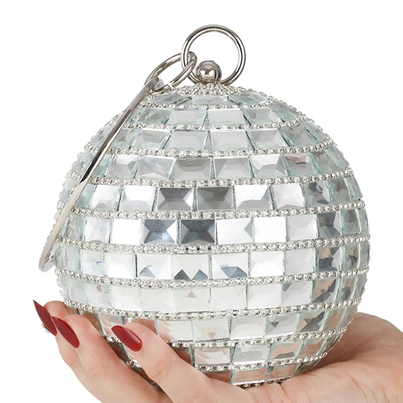 Dazzling Glass Silver Women Clutch Round Ball Shape Girls Bling Sparkling Lady Coin Purse Wedding Bridal Clutches Chain Handbag