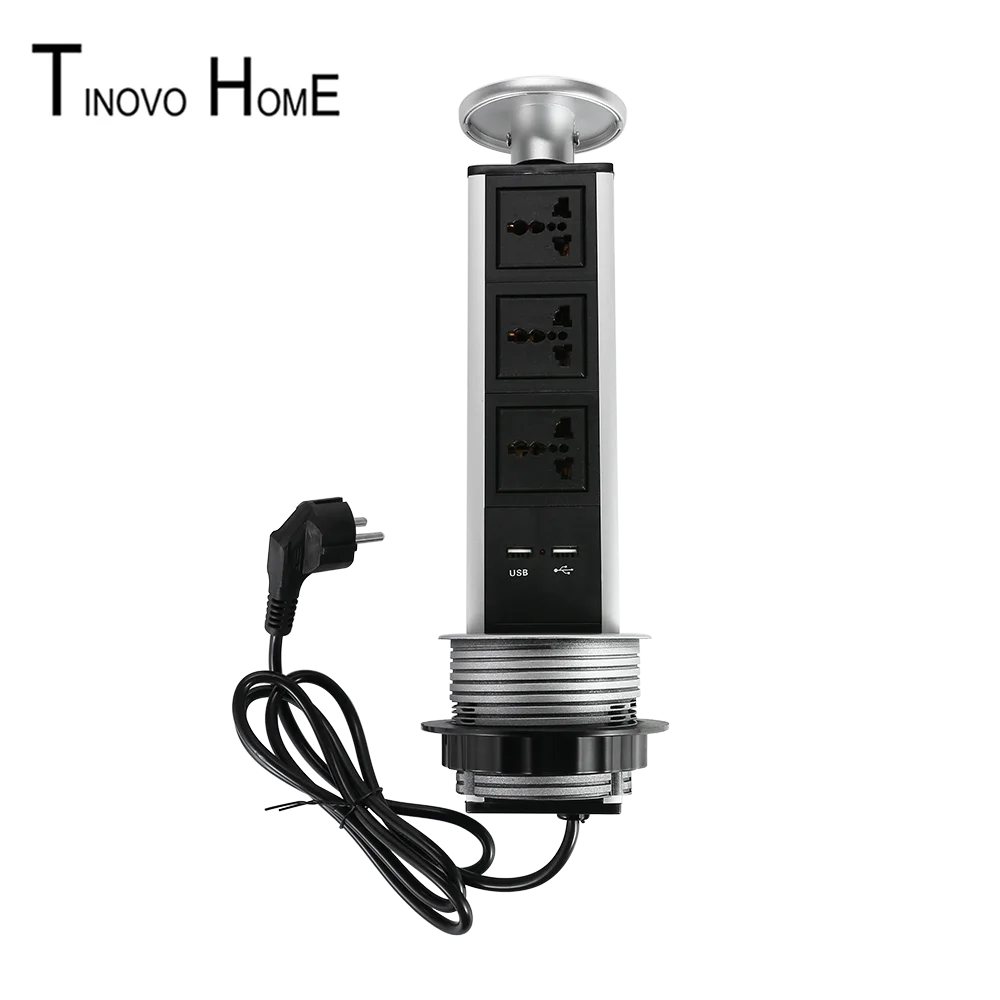 Pull Socket / Round Office Socket / aluminum alloy Kitchen Socket / 3-bit Universal Standard + USB Charging / Europe Plug Cable