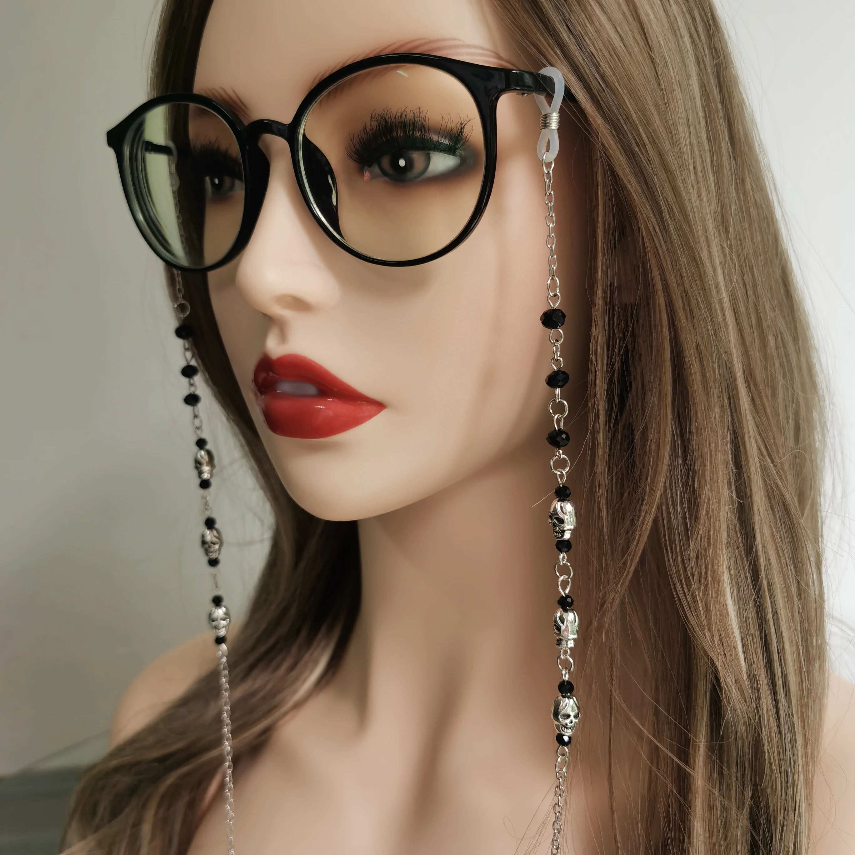 Chaîne de lunettes gothiques, crâne, perles noires, porte-lunettes