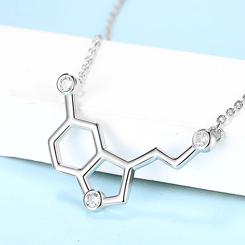 Xiaojing 925 Sterling Silver Chemical Molecule Serotonin Pendant Necklaces Clear Zircon Jewelry Valentine's Day Gifts Free Ship