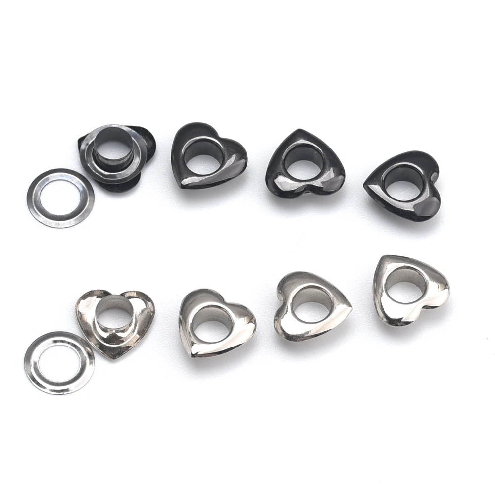 200sets/Lot Inner Hole 6mm Metal Brass Eyelets +Washer HEART Shape Grommets Fix Tool Shiny Silver/Black Nickle Free Ship JY-005