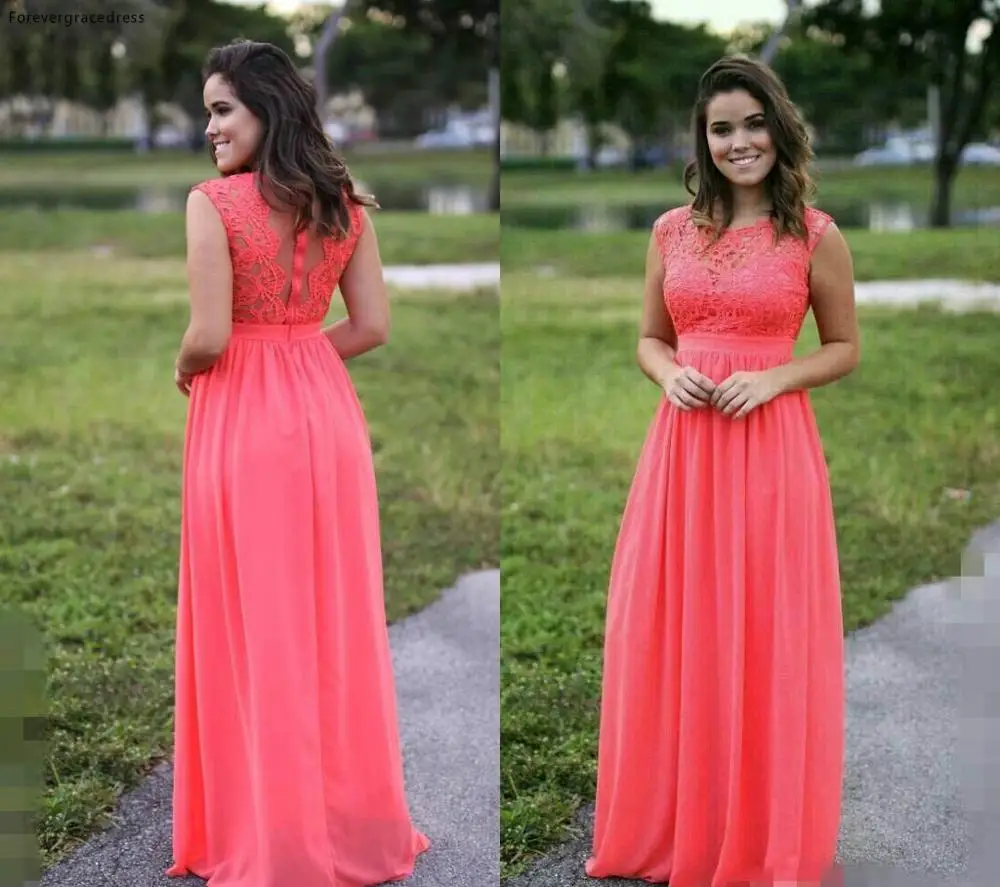 Cheap Chiffon Coral Bridesmaid Dress Illusion Long Gala Garden Formal Wedding Party Guest Maid of Honor Gown Plus Size