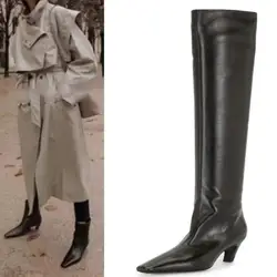 Black Leather Square Toe Knee High Boots Woman Fashion 4 cm Kitten Med Heels Slip On High Top Long Knight Boots Lady Drop Ship