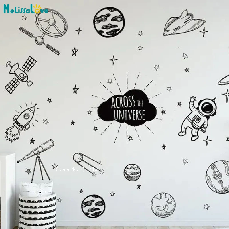 

Outer Space Decal Rocket With Stars Wall Art Vinyl Stickers Nursery Kids Room Decor Boy's Girl's Peel Off Murals YT6318