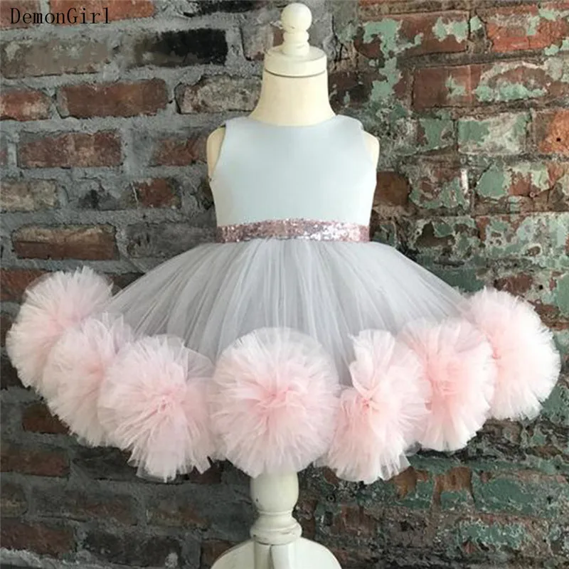 Puffy Baby Girl ชุด Tulle Tutu Glitter Sashes ดอกไม้สาวชุดเด็กวันเกิดชุด First พิธี