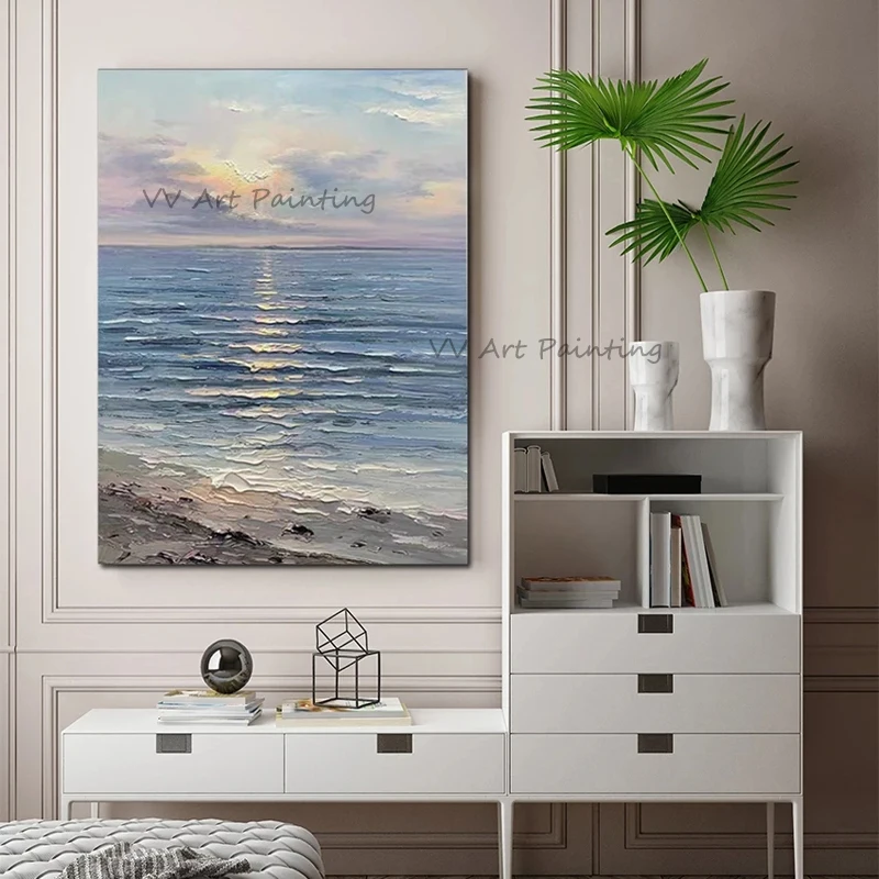 The Sunrise Seascape Mural Picture Handmade Abstract Sea Oil Painting On Canvas Gold Decor for Living Room Nature Picture