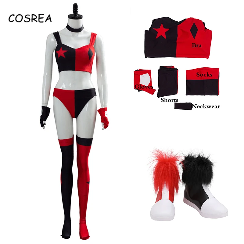 

Birds of Prey Cosplay Costumes Red Suits Clown Shoes Wig Halloween Costumes for Women Girls Disfraz