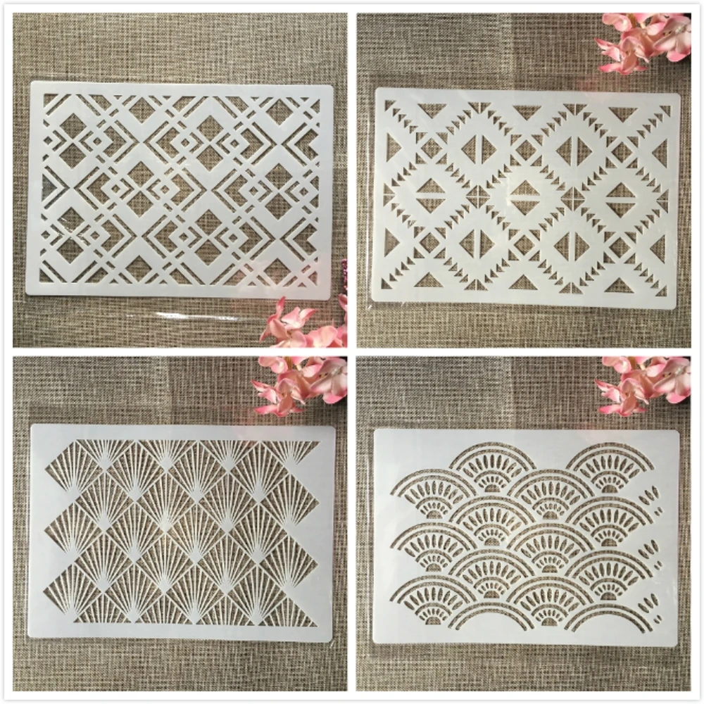4 sztuk A4 29cm falista geometria tekstura DIY szablony do nakładania warstw malowanie ścian księga gości kolorowanie tłoczenie Album dekoracyjny szablon