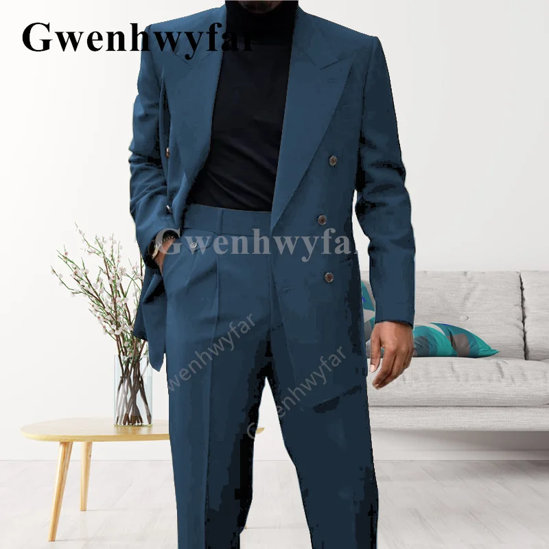 Gwenhwyfar New Fashion Men's Double-breasted Handsome Mid-length Denim Blue Wedding 2-piece Best Man Suit Jacket With Pants