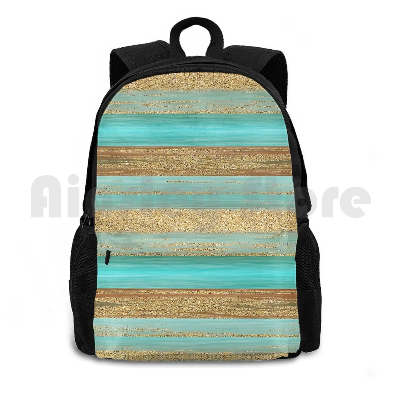 Turquoise Brown Faux Gold Glitter Stripes Art Pattern Outdoor Hiking Backpack Riding Climbing Sports Bag Trendy Modern Glitter