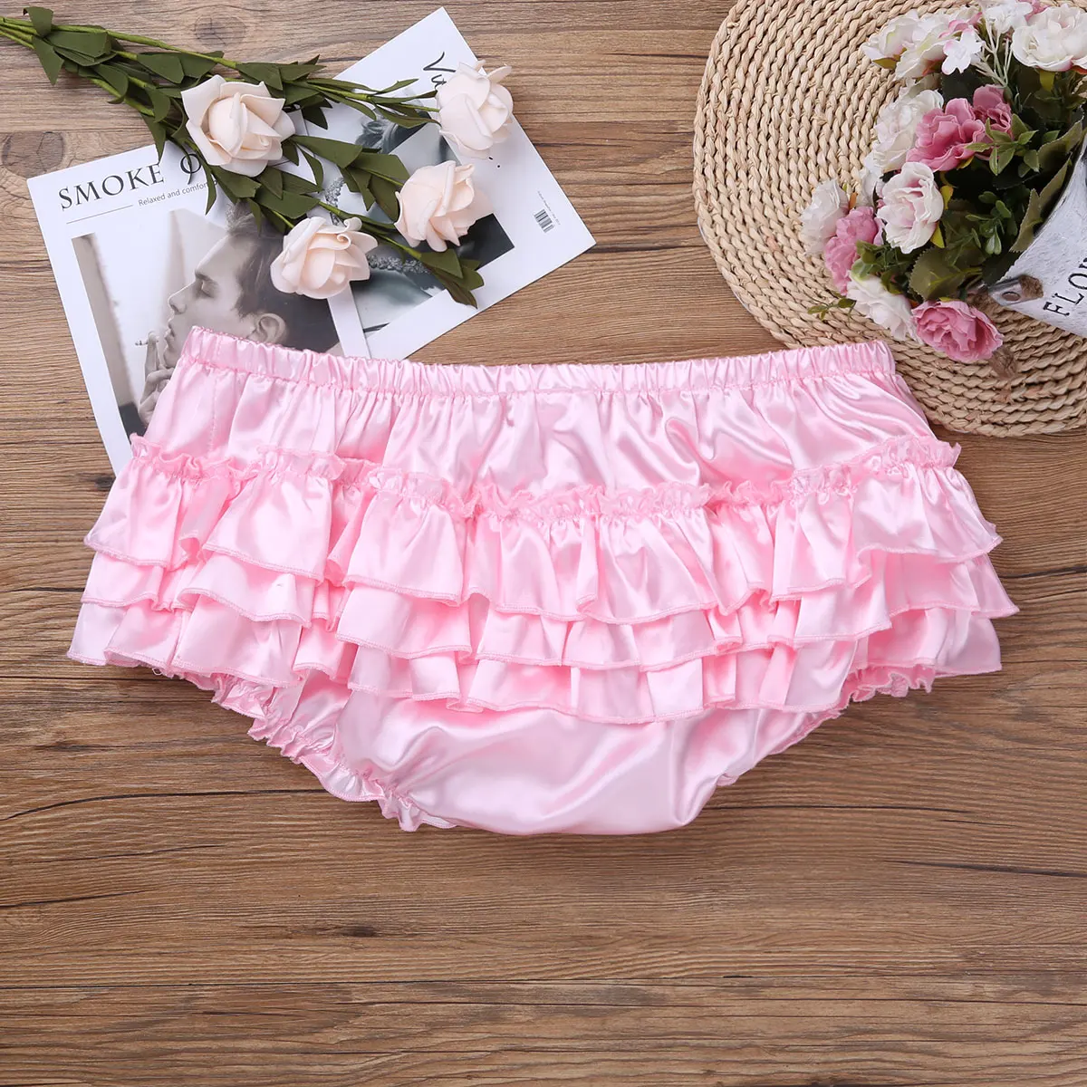 Soft Shiny Satin Ruffled Bloomers Crossdressing Men Lingerie Tiered Skirted Bikini Briefs Sissy Panties for Male Gay Underwear