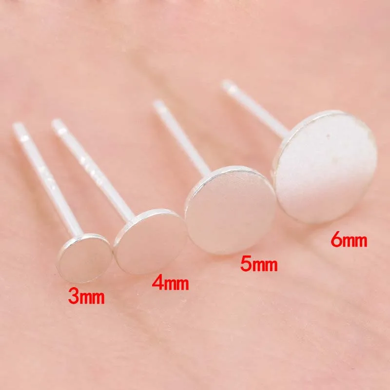 6pcs Real Solid 925 Sterling Silver Earring Stud Needle Post Flat Base Pins 3~8mm Silver Settings DIY Jewelry Making Findings