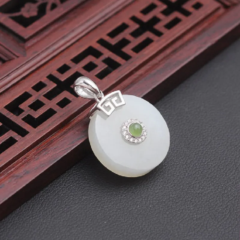 S 925 Sterling Silver Inlaid Natural Xinjiang Hetian White Jade Safe Buckle Jade Buckle Pendant Round Jade Pendant