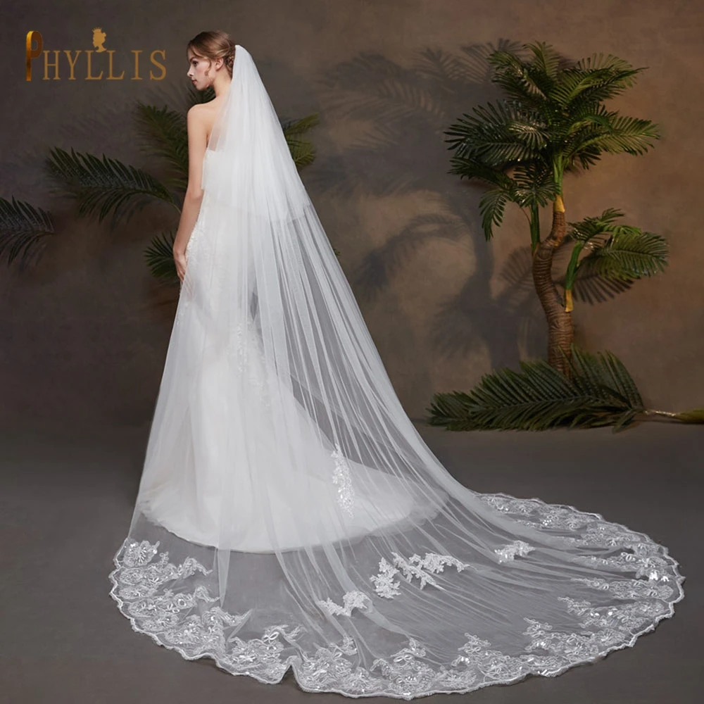 B54 Women Cathedral Wedding Veil 2 Tier Long Bridal Veil Lace Lace Applique Edge with Comb Cathedral Length Veil Bride Veil