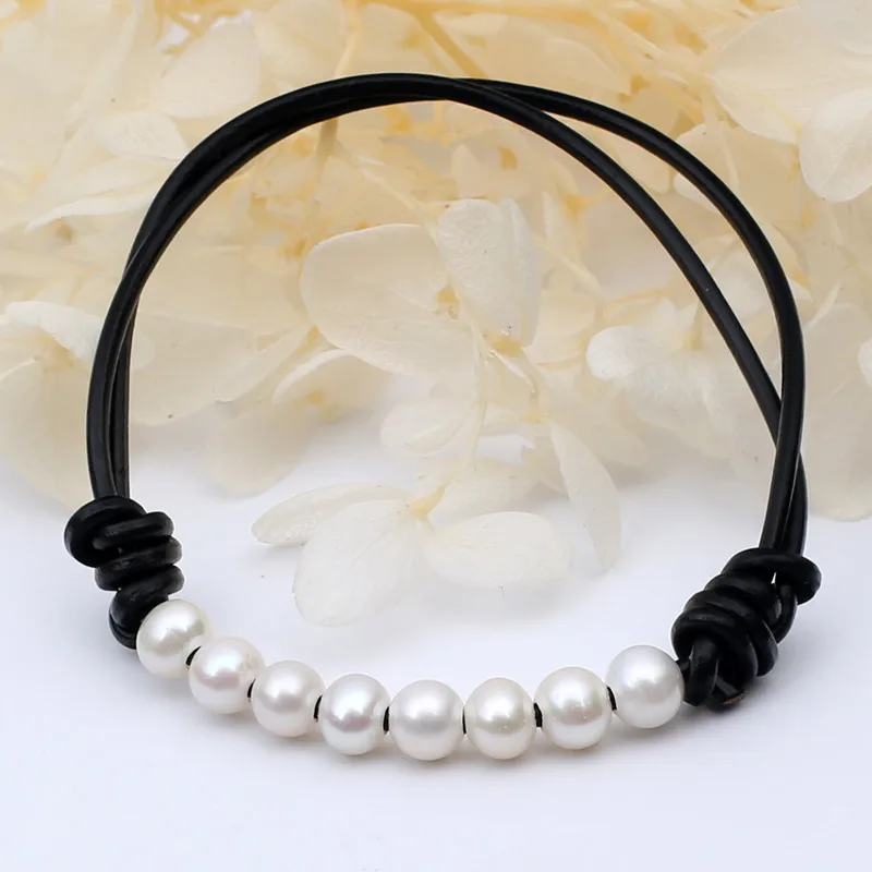 Adjustable size simple chic high quality natural white oyster pearl real leather black bracelet hot sell female trendy