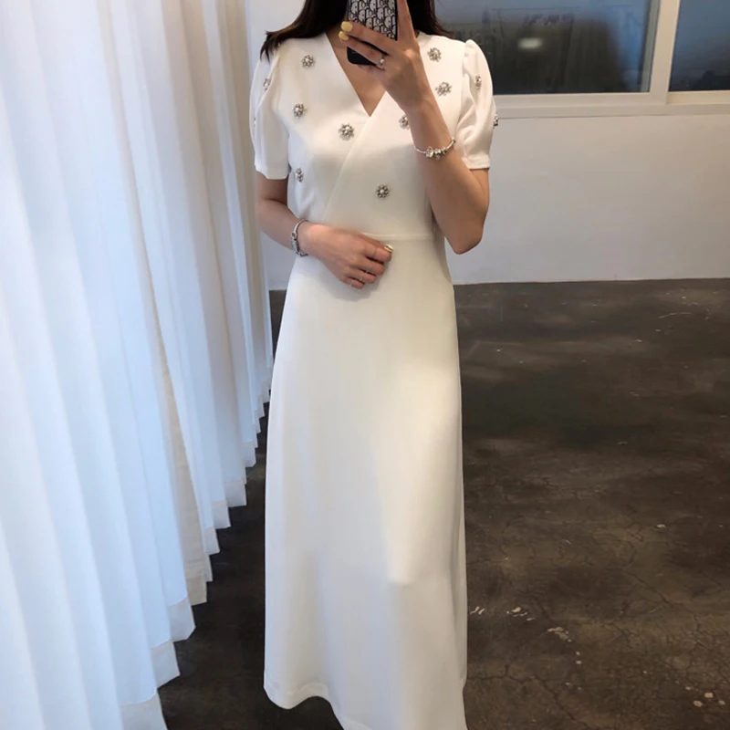 SMTHMA 2022 New Fashion Chic Summer New Women Casual Retro Bead Dress Female Vintage Elegant white Long Dresses Vestidos