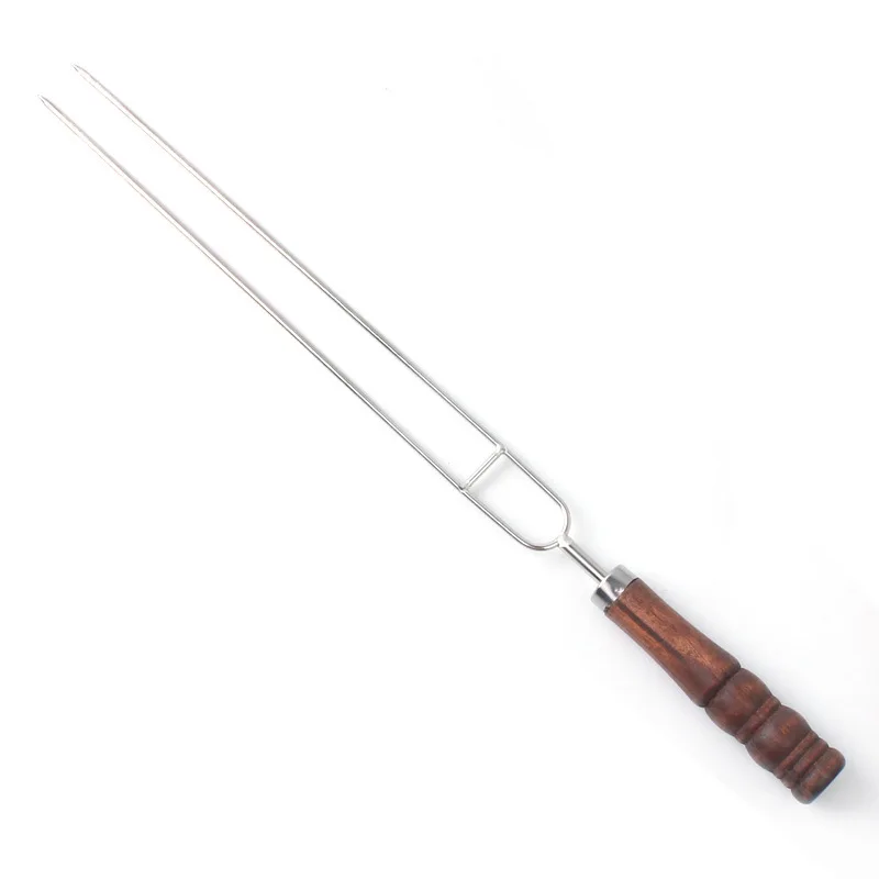 Outdoor BBQ barbecue Fork food grade stainless steel baking signature wooden handle U-type grilled needle picnic rotisserie