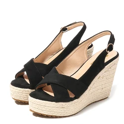 31-44 Women's Shoes Sandals 10cm High Heel Straw Wedges Heel Sandals Woman Platform Green Sandals