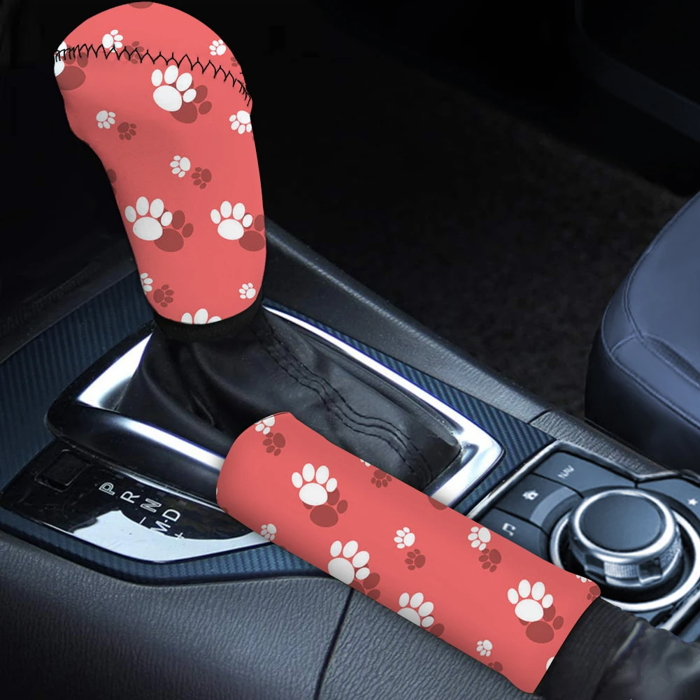 INSTANTARTS 2pcs Durable Car Accessories Gear Lever Cover Handbrake Cover Dog Paw Cute Print Anti-Slip Shift Lever Cover Elastic