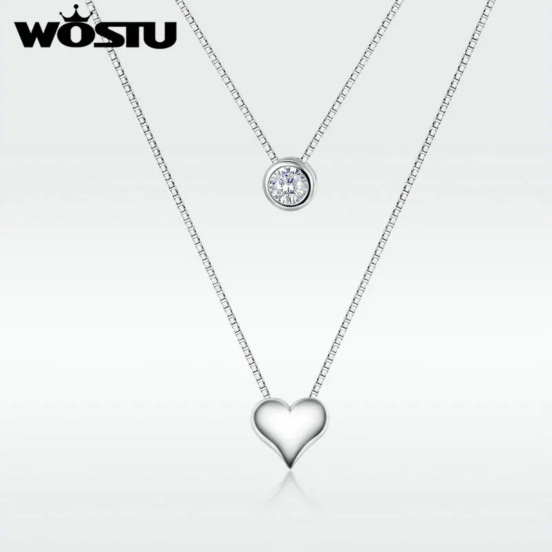 WOSTU 2020 Love Heart & Circle Round Pendant Necklace Rainbow Zircon Korean Double Long Chain For Women Wedding Jewelry SDTN087