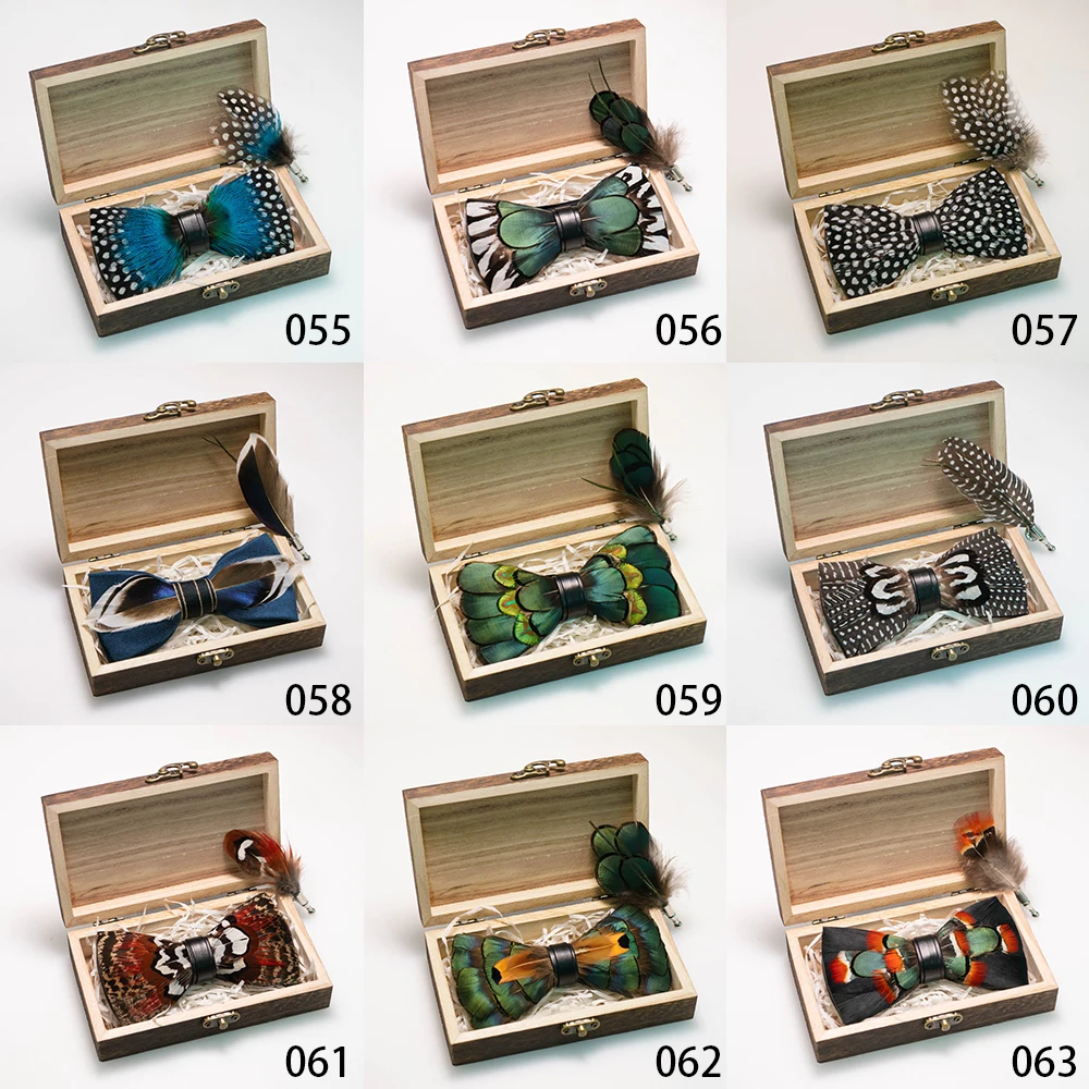 EASTEPIC Handmade Feather Bow Tie Brooch Wooden Box Set Men's Exquisite Accessories for Wedding Party Birthday Gift Necktie