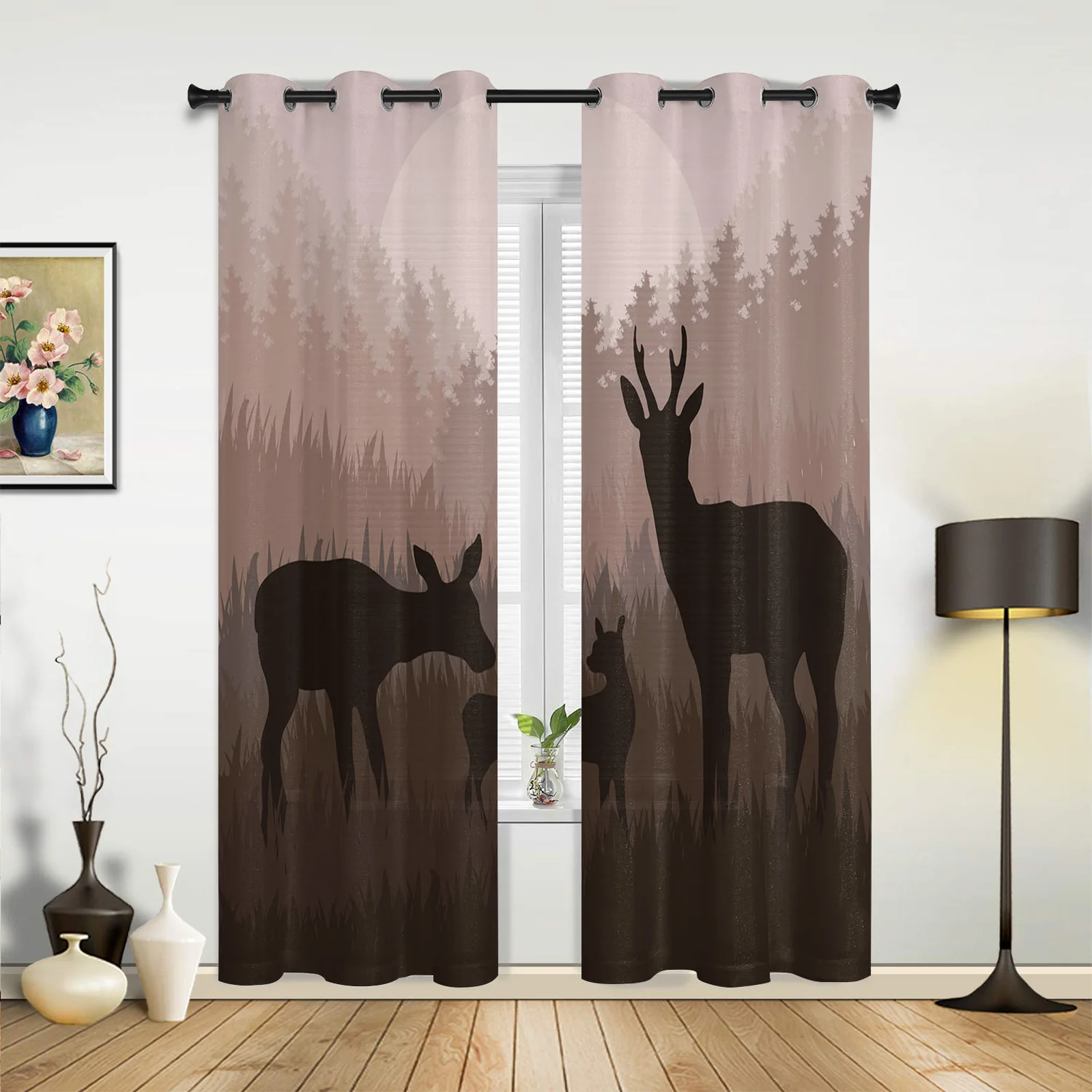 Kitchen Window Curtains Deer Forest Meadow Moon Adult Children Bedroom Decoration Living Room Hanging ClothTreatment Curtains