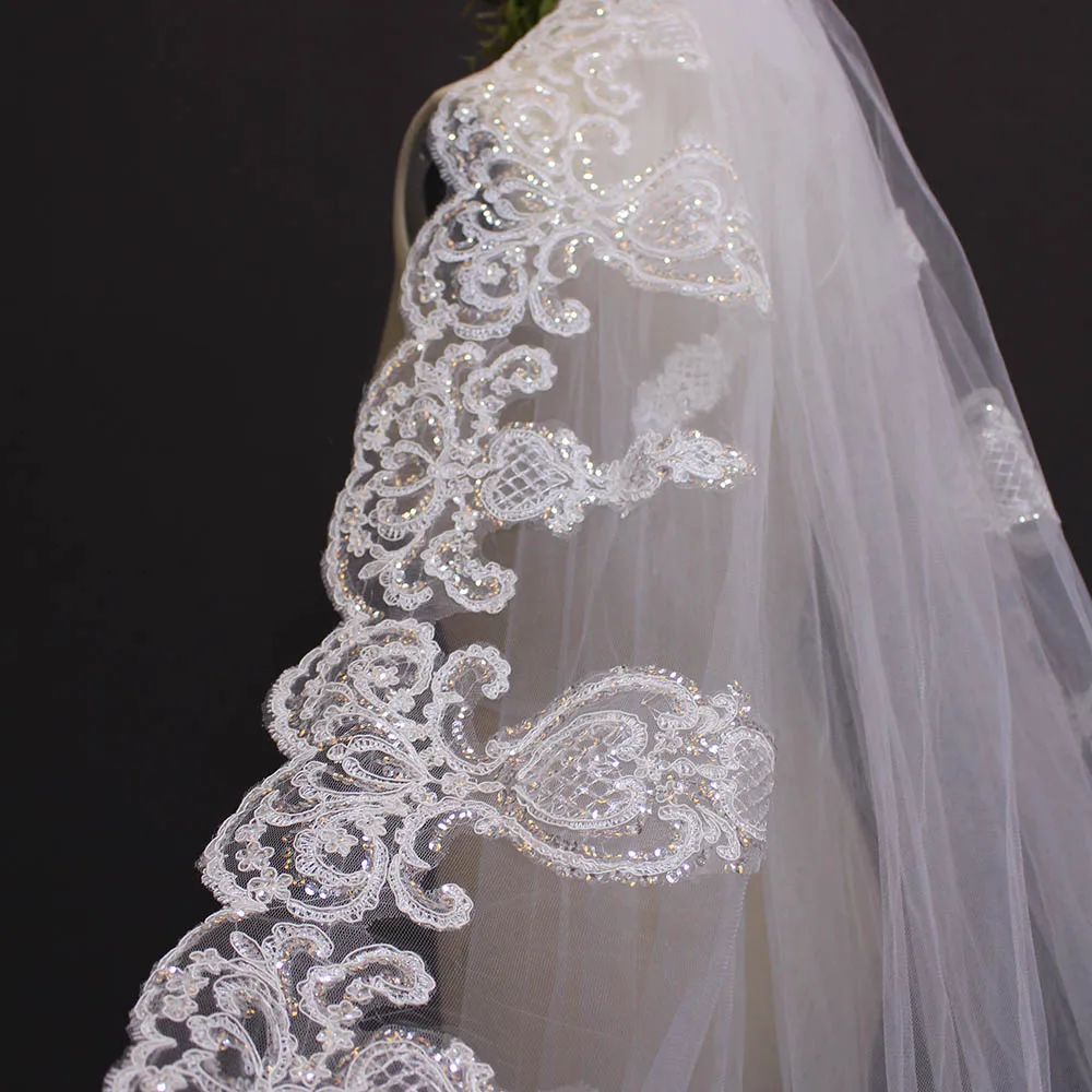 Bling Sequins Lace Bridal Veil with Comb 3 Meters One Layer Wedding Veil Cathedral White Ivory Bride Veil Wedding Accessories