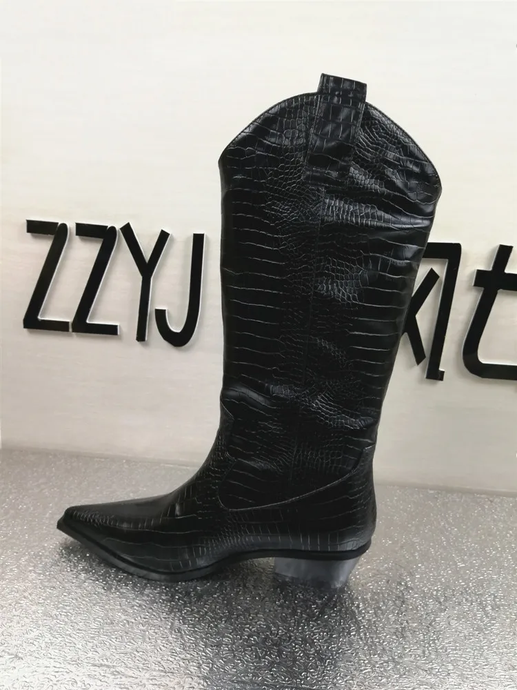 Winter knee high cowboy boots for women black white mid-calf 5cm chunky heels shoes woman rain snow botas mujer pointed toe