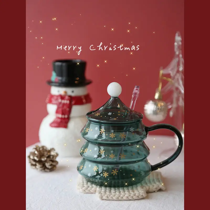 Christmas Cup Pyrex Mug Creative Christmas Tree Gift Box Heat Resistant Glass Water Cup Coffee Mug with Lid Home Decor Tea Cup