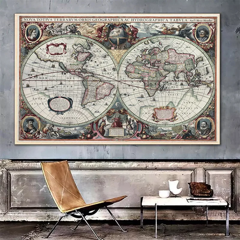 Retro World Map Nautical Ocean Map Canvas Painting Wall Art Chart Sticker Antique Home Decor Large Size Map World On The Wall