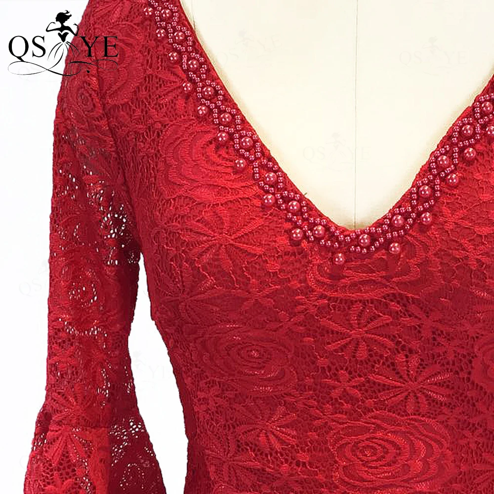 Vestido de noche rojo de encaje elástico para mujer, vestido de fiesta de sirena de manga larga, espalda baja abierta, entrecruzado, vestido Formal con cuentas y cuello en V