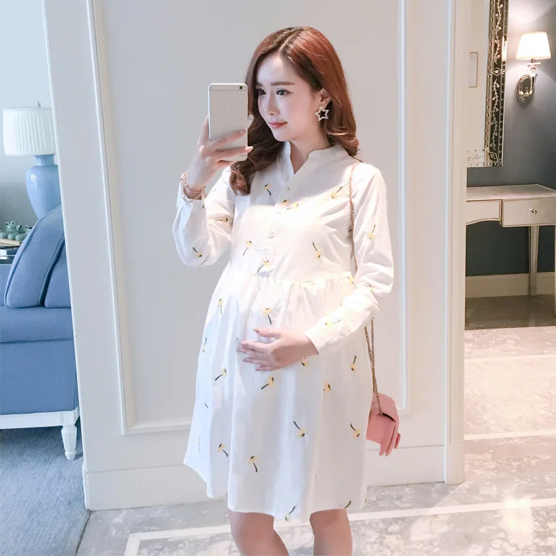 Fshion Casual Maternity Dress Cotton Knee-Length Flower Maternity Clothes Boat Neck Embroidered Long Sleeve Pregnancy Dress