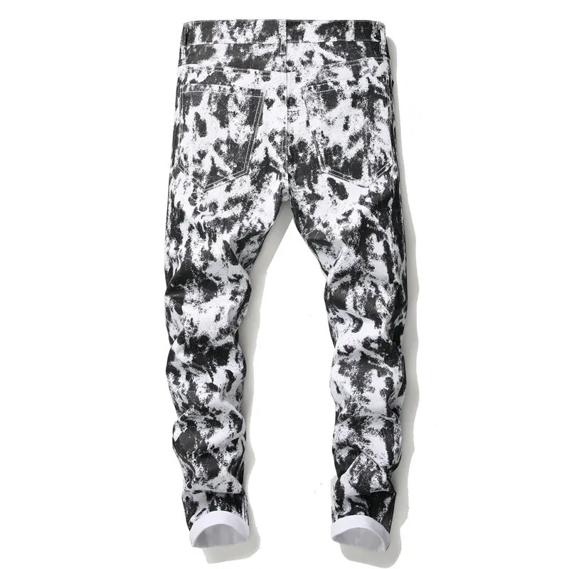 Fall Men's Pants Slim Jeans Trendy Nightclub Straight Pants Black and White Spot Decorative Printing Casual Jean