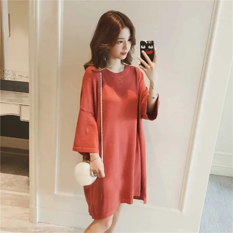 Base Knit Sweater Sweater Fashion Women\'s 2021 Spring And Autumn New Style Korean Mid-Length Loose Back Lace-Up Female Dress E