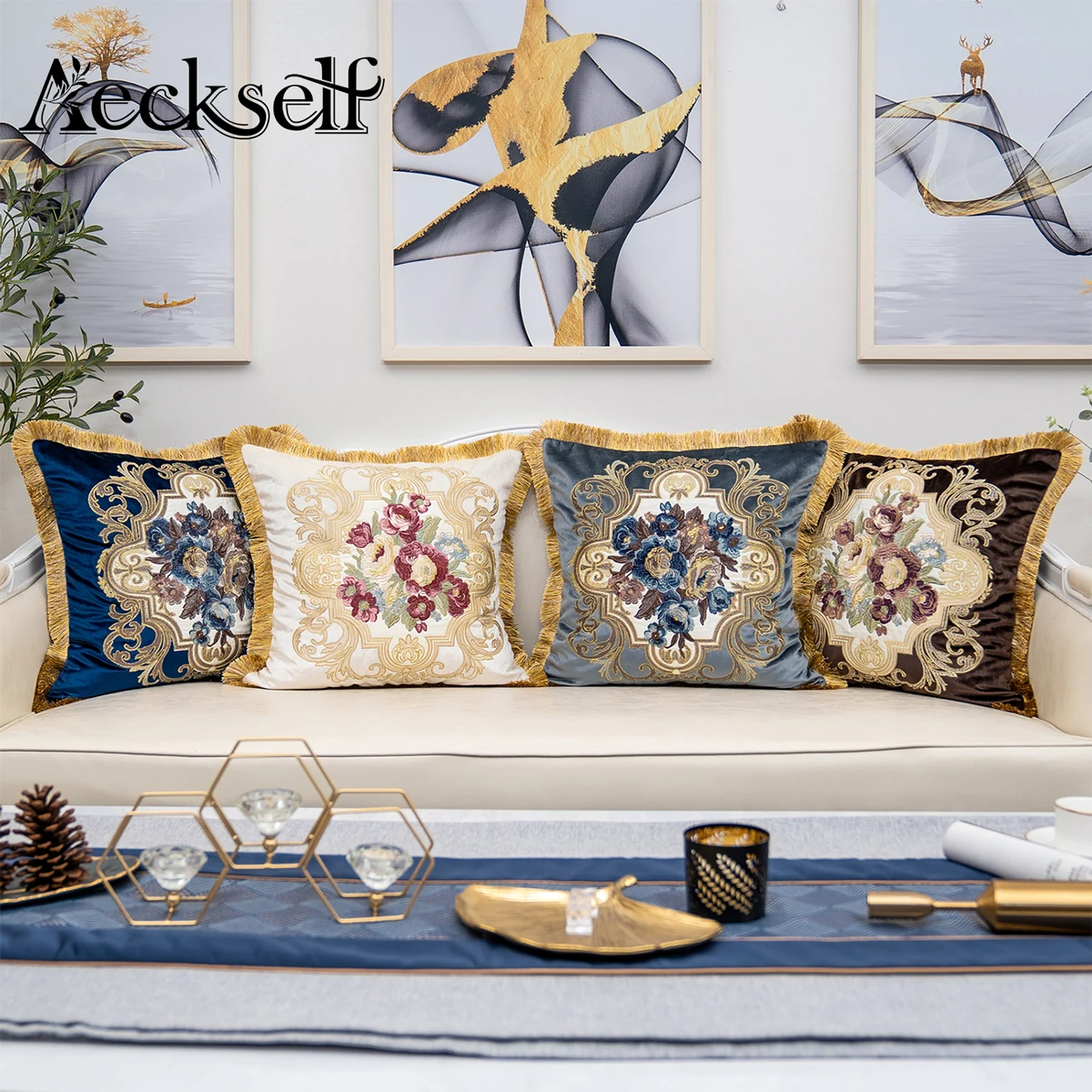 Aeckself Luxury Flower Rose Embroidery Velvet Cushion Cover Home Decor Navy Blue Gold Gray Brown White Throw Pillow Case