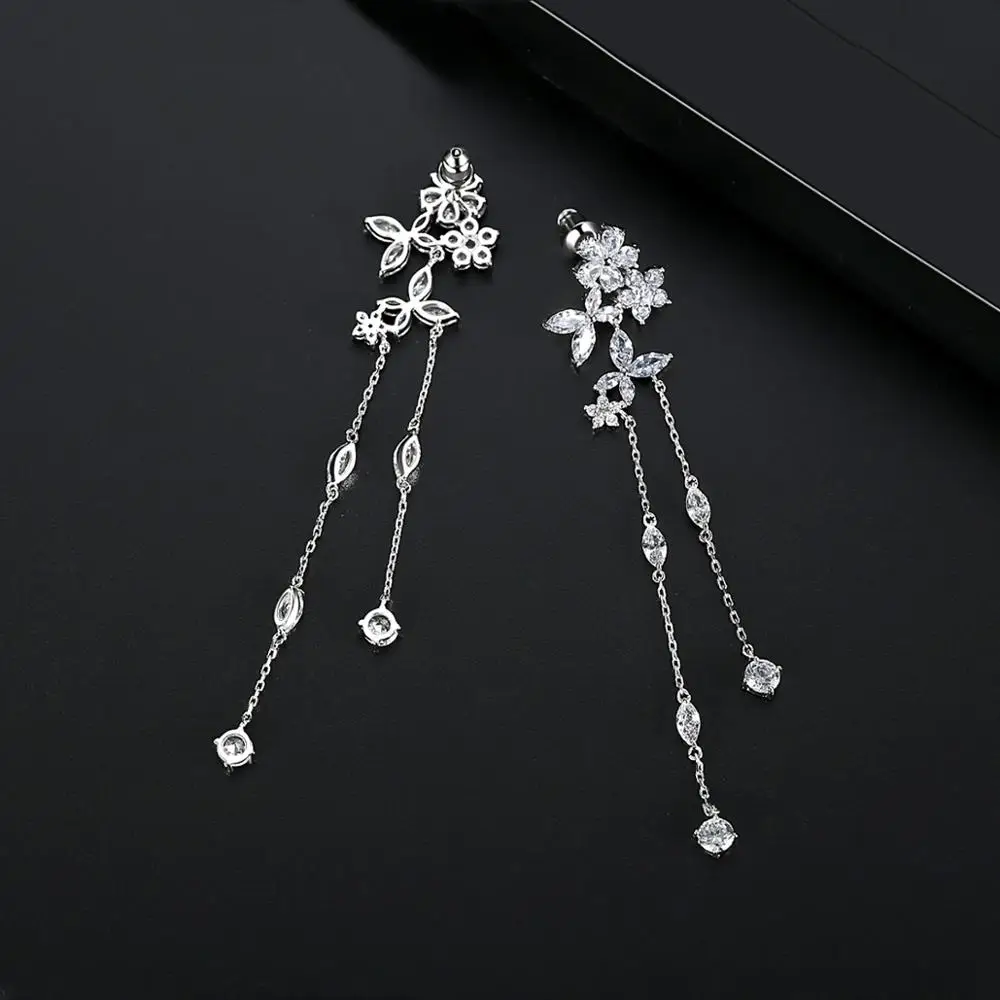 LUOTEEMI Trendy Fairy Flower Long Tassel Drop Dangle Earrings for Women Bridal Wedding Girl Daily Wear CZ Fashion Jewelry Gifts