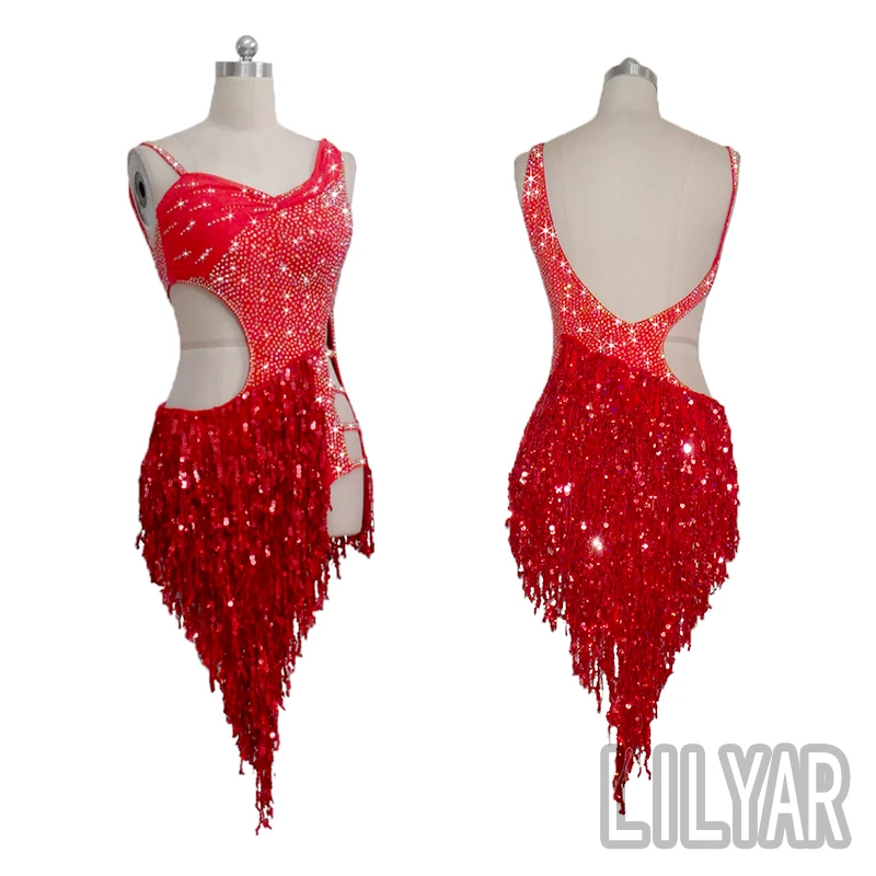 New Latin Dance  Competition Performance Dress Adult Red Cut-Out Sequin Sexy Dance Dress