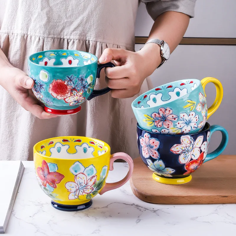 Ceramic Coffee Mugs and Cups Large Capacity Hand Painted Flower Household Office Using Porcelain Creative Drinking Water Mug