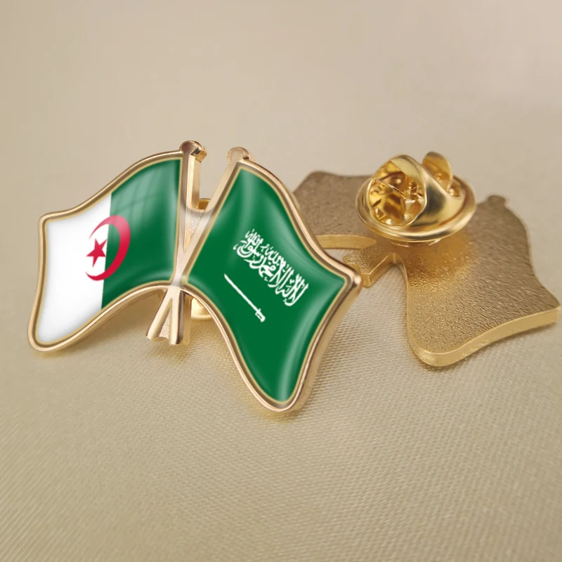 Saudi Arabia and Algeria Crossed Double Friendship Flags Lapel Pins Brooch Badges