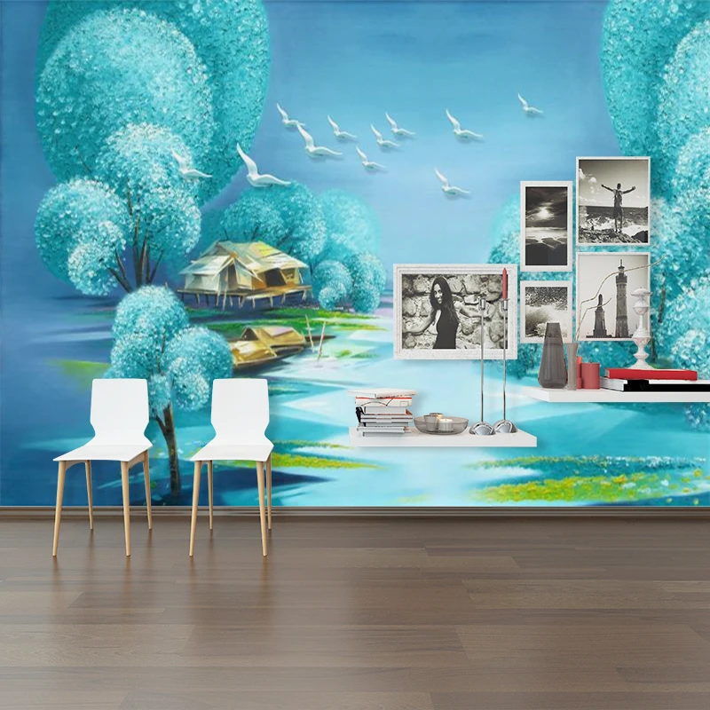 

Custom Mural Wallpaper Minimalism Oil Painting Style Dream Forest Town Background Wall Painting