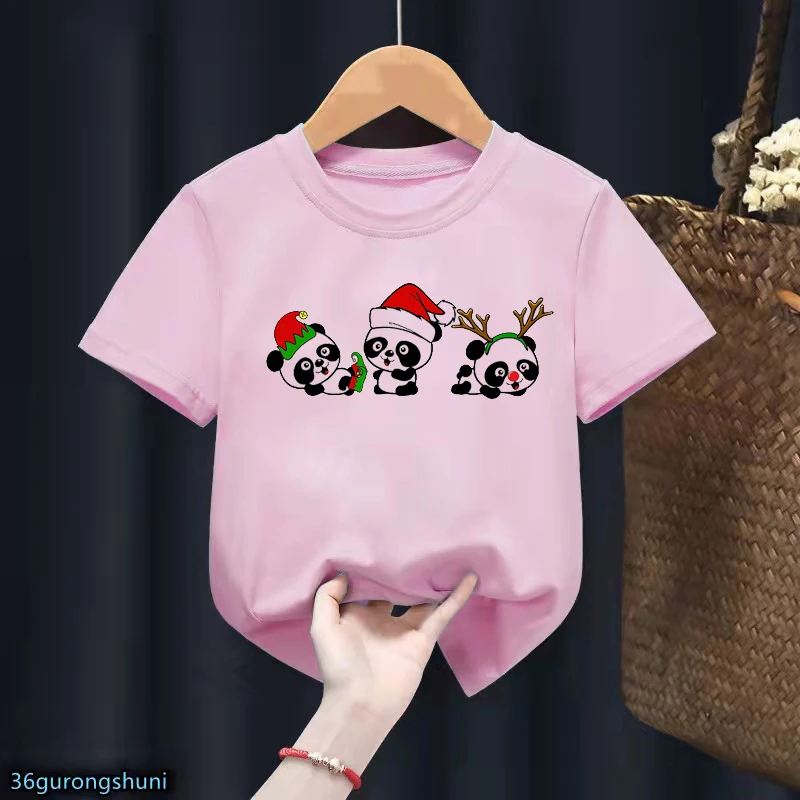 Christmas Hedgehog/Panda Cartoon Print Pink T-Shirt Kawaii Kids Clothes Funny Tshirt Harajuku Shirt Summer Fashion T Shirt Tops