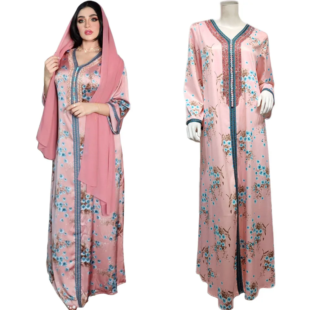 

Ethnic Floral Printed Abaya Muslim Women Robe Turkish Caftan Middle East Long Dress Eid Mubarak Ramadan Jalabiya Dubai Fashion